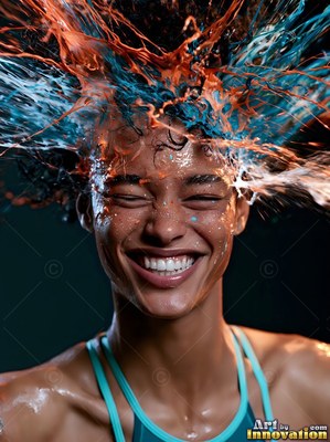 A smiling woman laughing as orange and teal paint splashes over her dark hair