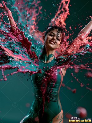 Arms raised in a dark studio, a cheerful woman gets hit by pink paint splashes