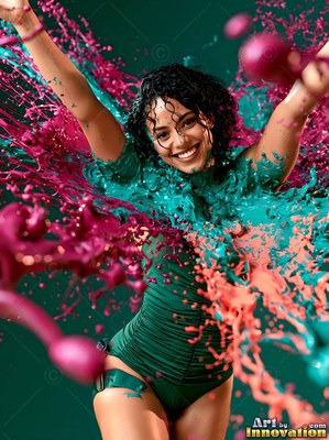 A woman smiling in a dark green swimsuit gets splashed with pink paint