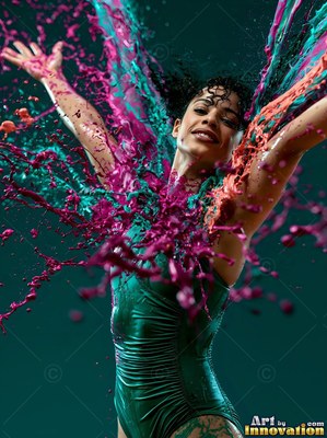 Against a dark background, a smiling woman in green is splashed with pink paint