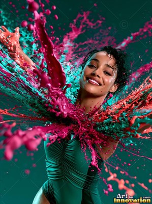 Smiling with arms open, a woman in a green swimsuit is hit with paint with pink paint