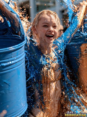 Outdoors in the sunlight, a laughing blonde woman is splashed with bright blue paint