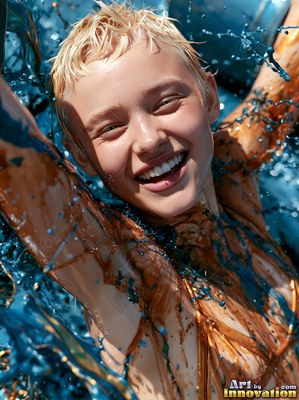Smiling blonde woman splashed with blue paint