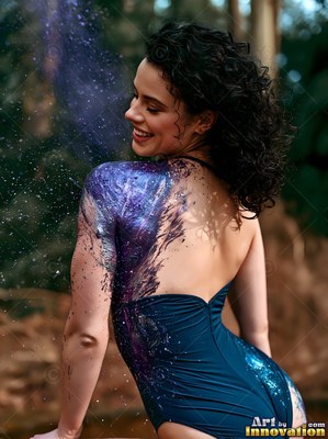 A woman glances over her shoulder as purple paint splashes across her back in the sunlight