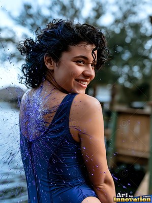 A happy woman in a blue swimsuit is sprayed with paint with purple paint outdoors