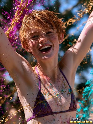 Under bright sunlight, a laughing woman in a purple bikini cheers as paint flies around her