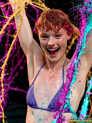 Laughing with raised arms, a woman in a purple bikini is splashed with yellow and bright blue paint