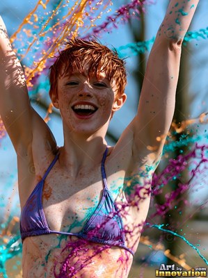 Cheerful woman in a purple bikini with arms raised as bursts of paint