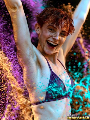 Short red hair frames a woman smiling in a purple bikini at a paint party as colors splash