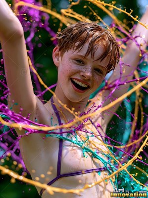 A freckled woman laughs with raised arms as yellow and purple paint loops across her in sunlight