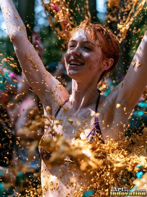 Arms raised high outdoors, a cheerful woman gets splashed with splashes of yellow paint