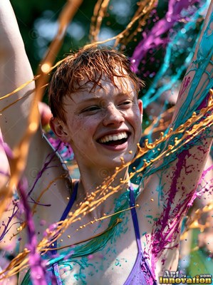 A grinning woman with wet red hair is covered in paint with purple and blue paint