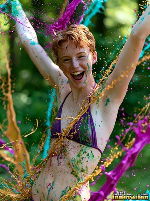 In the woods, a woman smiling in a purple bikini is splashed with bright paint