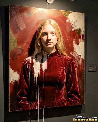 In a dim gallery, a woman in a red velvet dress emerges from a painted canvas