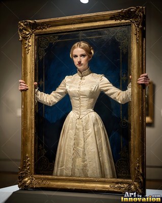 Holding a golden frame, a yellow-haired woman in a cream dress leans out from a dark blue background