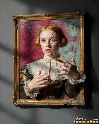 A lace collar rims a woman reaching her real hands out of a cracked gilded frame