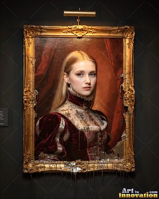 A woman steps forward from a broken golden frame under a soft yellow gallery light