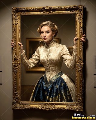Facing forward in a gallery, a woman in a gold dress holds a frame around herself