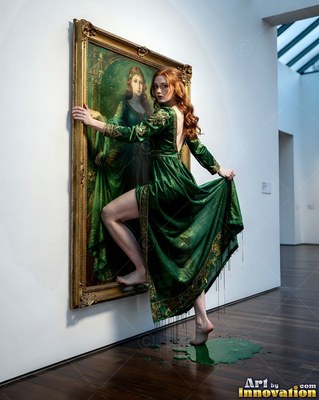 A redheaded woman in a green dress walks through a gold frame into a room
