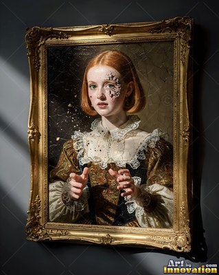 Inside a gilded frame on a dark wall, a red-haired woman reaches her hands forward