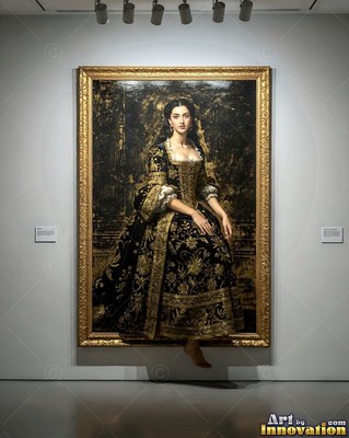 Stepping out of a golden frame, a woman in a black and gold gown hangs her bare foot