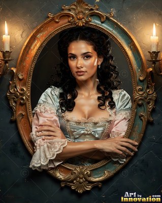 A woman in a silk dress leans out of an oval golden frame