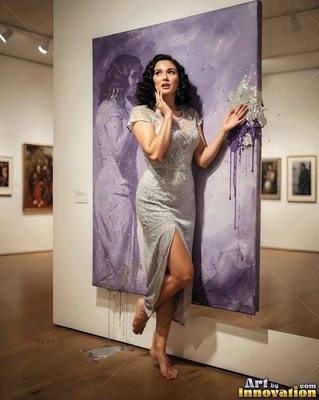 A woman in a beaded silver dress steps barefoot out of a purple canvas in a gallery