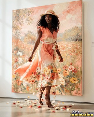 A woman steps barefoot from a canvas into a gallery, wearing a peach floral dress