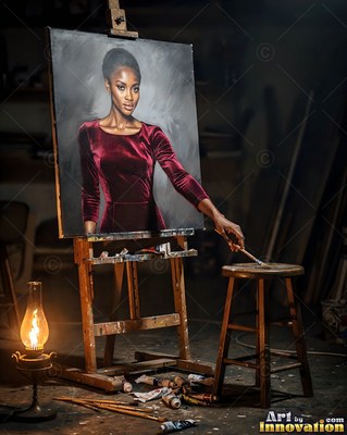 A woman in a red velvet dress reaches her real hand out from a dark canvas