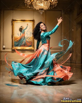 In a grand hall, a woman twirls in a teal dress made of swirling paint