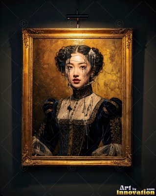 Looking forward from a golden frame, a woman wears a dark blue velvet dress