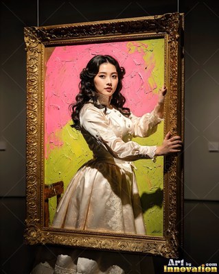 Woman in a satin dress stepping out of a golden frame