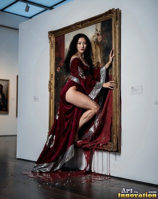 Dressed in a velvet red robe, a woman climbs out of a gilded wall frame inside a modern museum hall