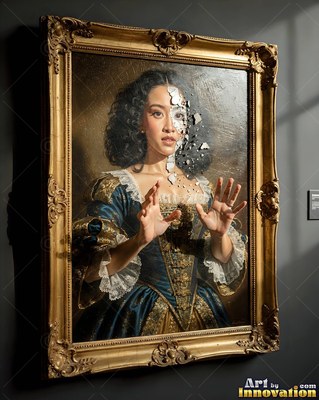 A woman pushes her real hands through a canvas under soft gray window light