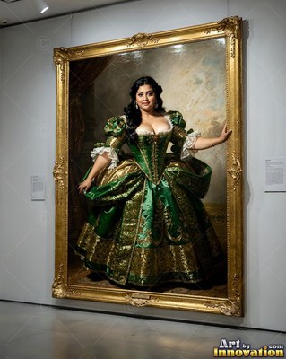 Stepping forward in a gallery, a woman wears a green and gold gown