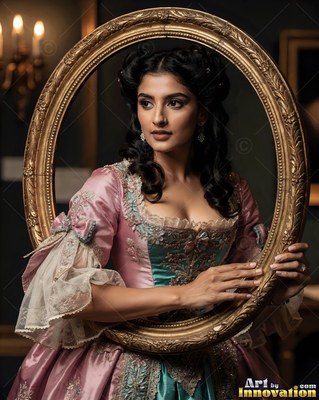 A woman in a pink vintage dress holds an oval gilded frame around herself