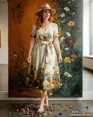 Stepping barefoot from a floral background, a woman poses in a sun hat and patterned dress