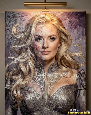 Fair-haired woman half real and half oil paint under a lamp