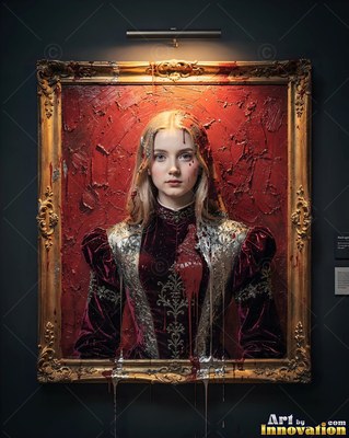 In a velvet maroon dress, a young woman leans forward from a gold wall frame