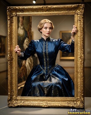 A blonde woman steps through a golden frame, her shiny blue dress catching the soft gallery light