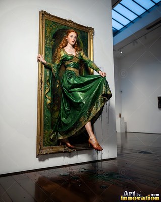 Stepping forward, a woman in a green gown climbs beyond a gold frame into a room