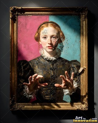 A woman in a gold frame presses both hands against glass as her face cracks