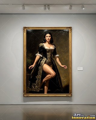 On a plain museum wall, a dark-haired woman in a gold dress emerges from a frame