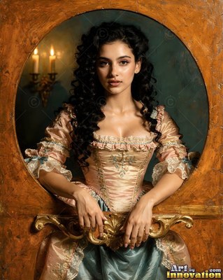 Leaning through a wooden oval frame, a woman in a pink dress rests her hands on the ledge