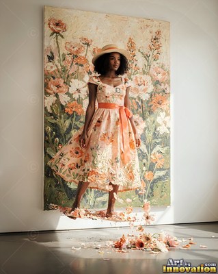 Wearing a straw hat, a woman in a floral peach dress steps forward into a white room