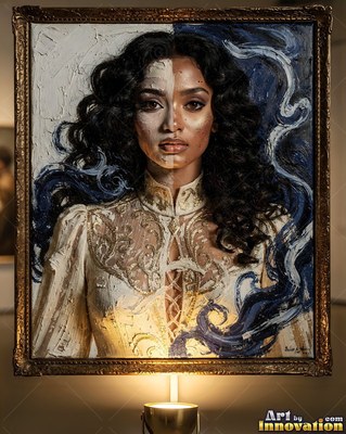 A woman looks forward with half her face painted white under dark blue swirls
