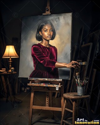 Reaching forward in a dark studio, a woman in red velvet holds a brush