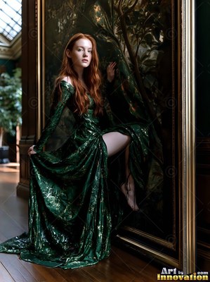 In a dim hall, a red-haired woman in a green dress moves from a golden frame