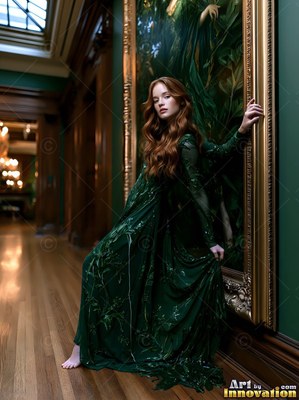 Stepping from a frame painted gold, a red-haired woman poses in a dark green gown