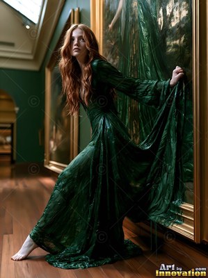 A woman in a green dress climbs out from a gilded frame